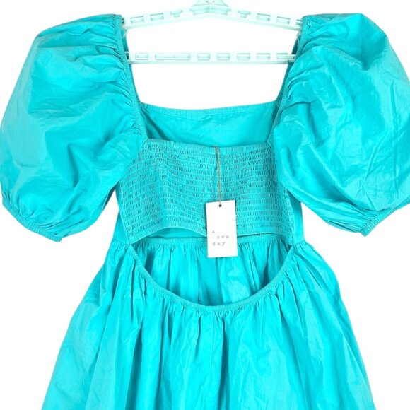 A New Day Women Smoked Open Back Turquoise Puff Sleeve Mini Dress Size Small NWT - Picture 5 of 11